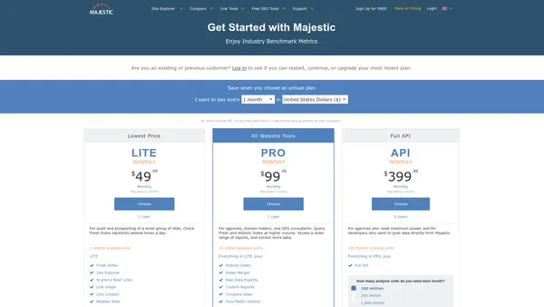 Majestic pricing page