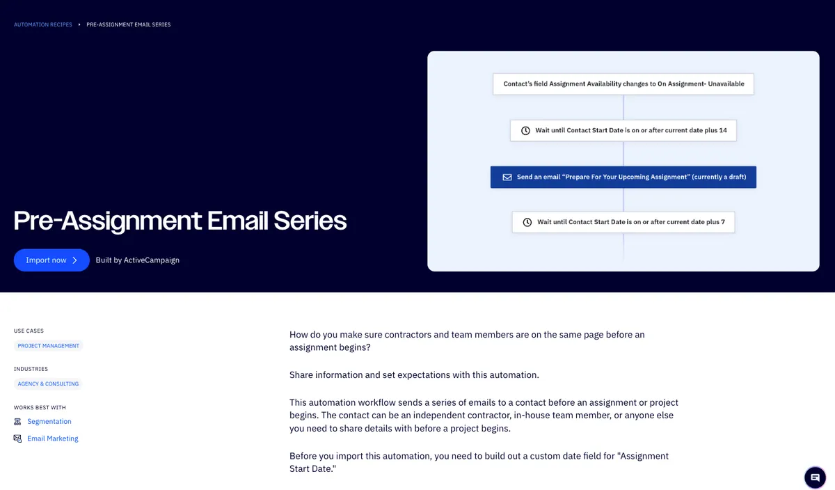 ActiveCampaign Pre-Assignment Email Series recipe detail page showing the automation workflow with triggers, wait steps, and email actions
