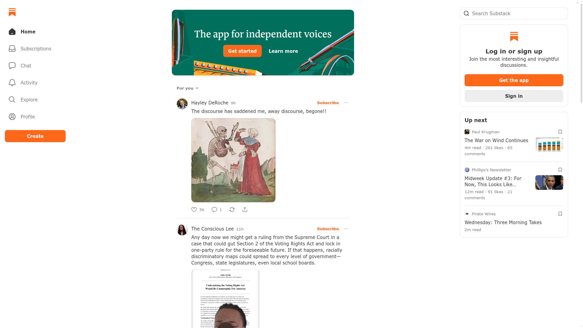 Screenshot of Substack homepage