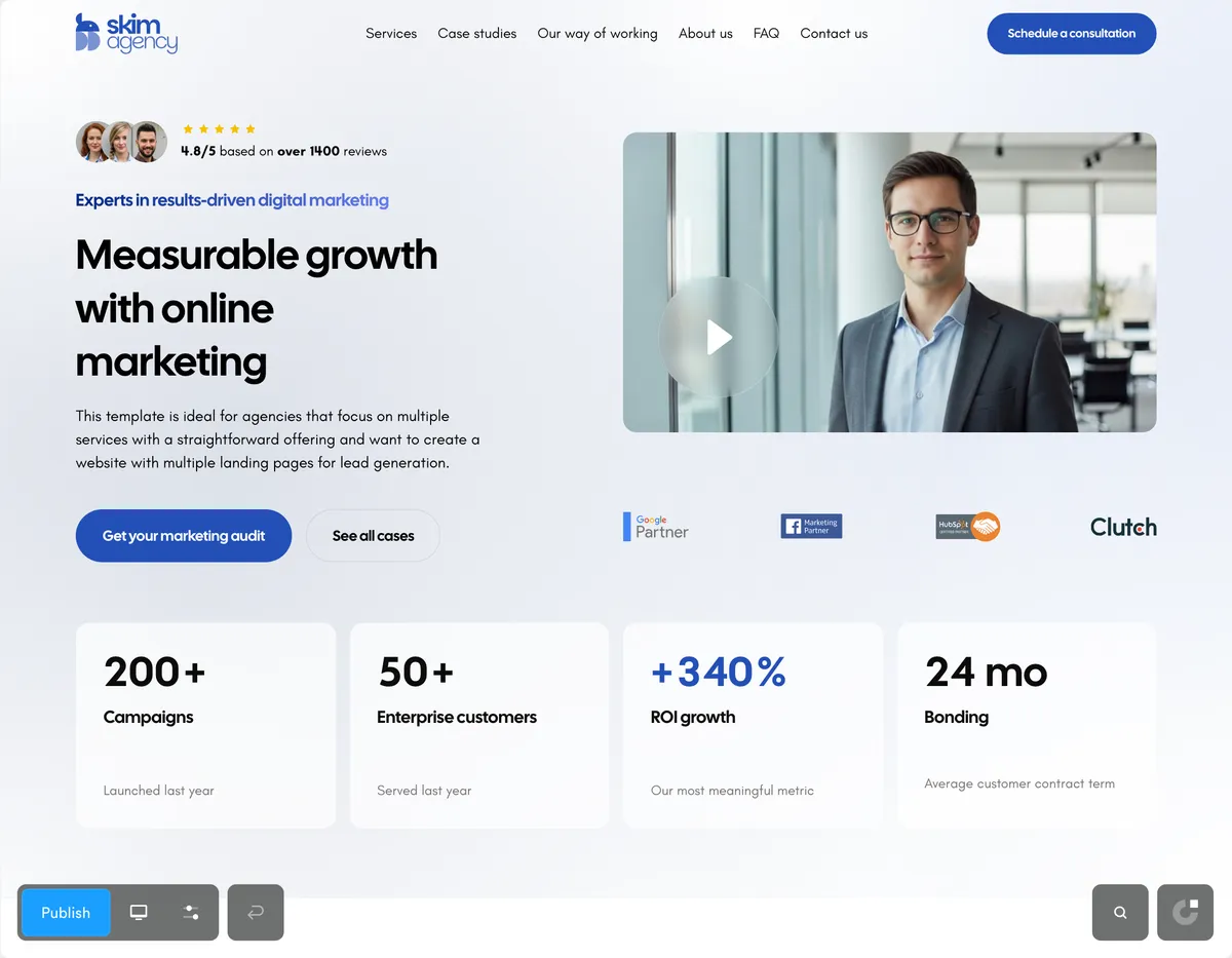 A finished agency website created from Onepage's Agency starter kit, showing navigation, a headline reading Measurable growth with online marketing, a video panel, partner trust badges and a row of statistic cards