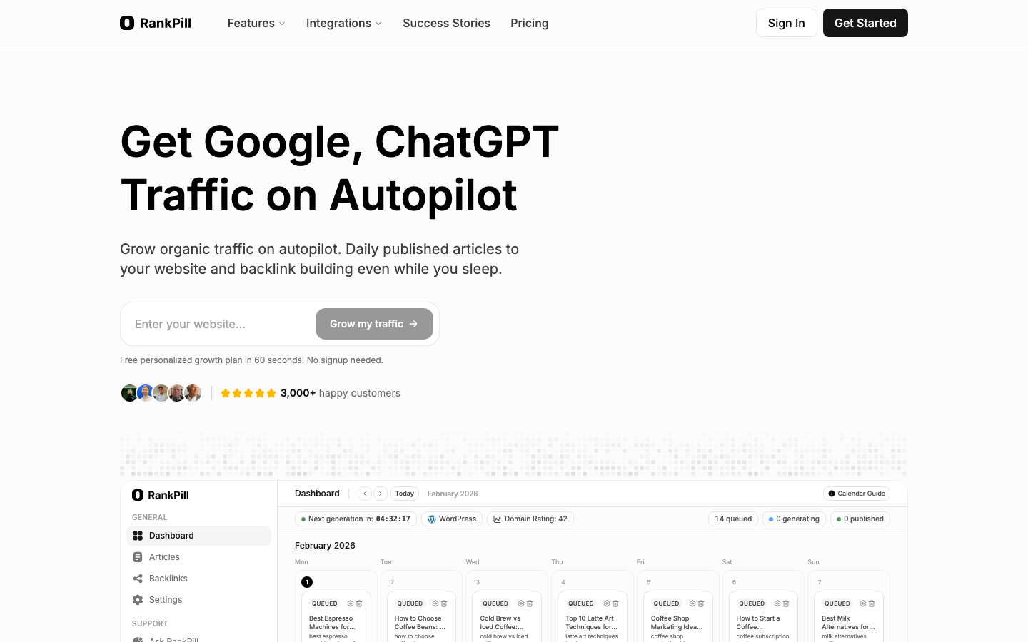RankPill homepage showing its automated SEO and content offer