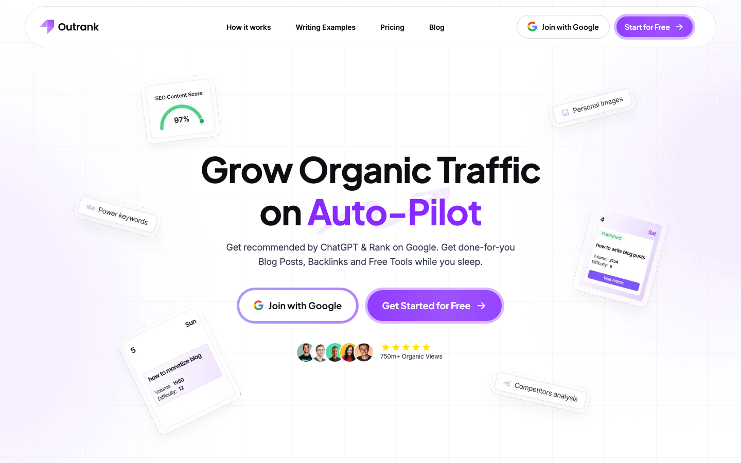 Outrank homepage showing its automated SEO and content offer