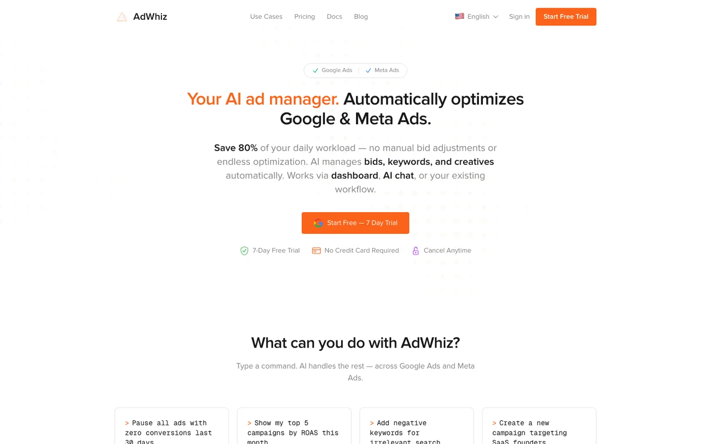 AdWhiz homepage screenshot