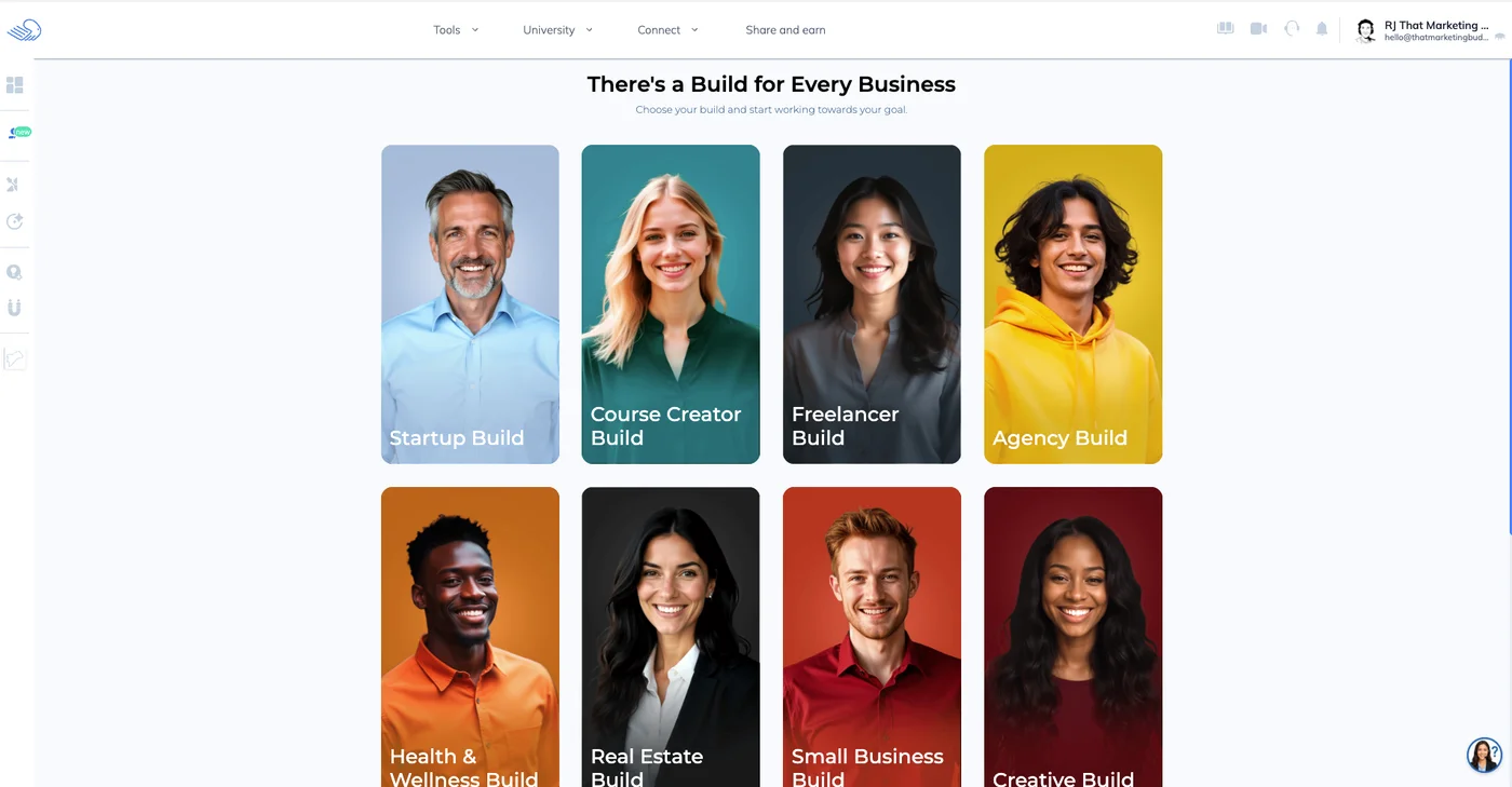Builderall Builds selection showing pre-configured setups for different business types