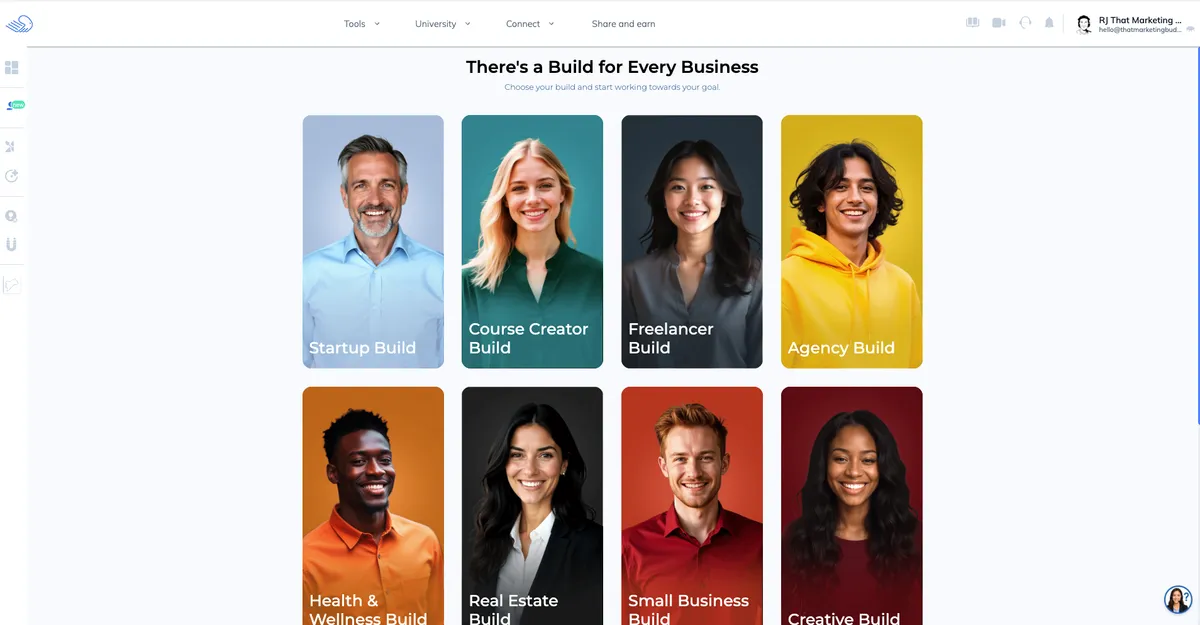 Builderall Builds showing pre-configured setups for different business types
