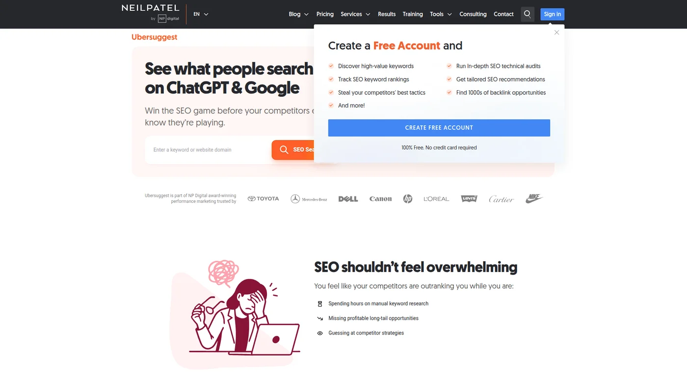 Ubersuggest homepage screenshot