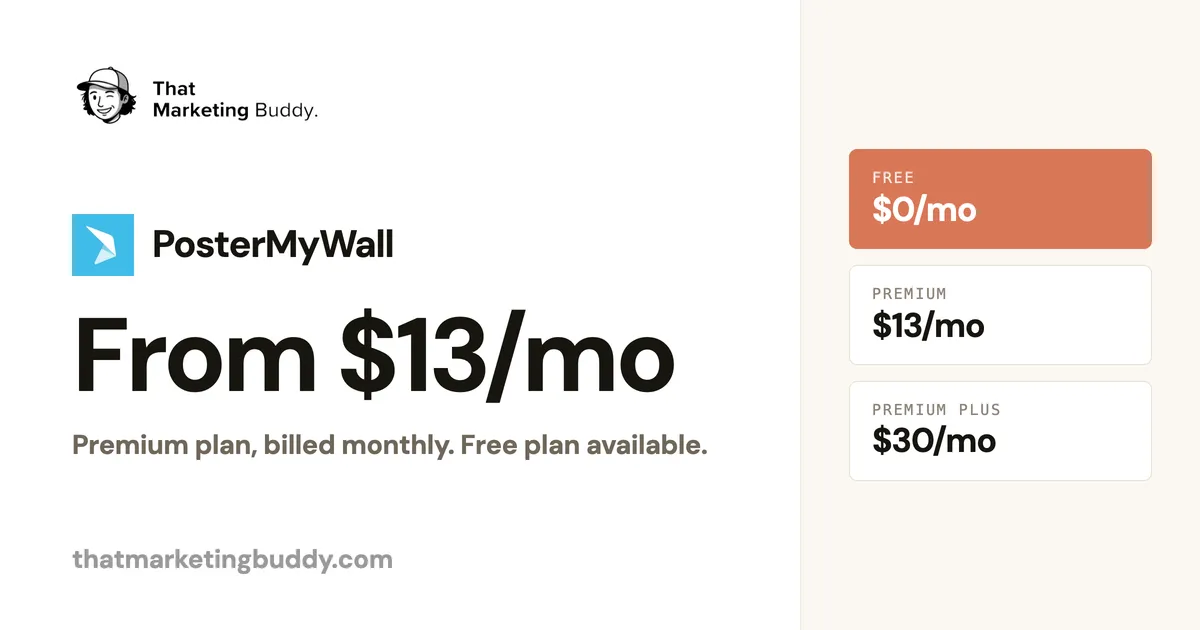 PosterMyWall Pricing 2026: Free, $13 Premium, $30 Premium Plus