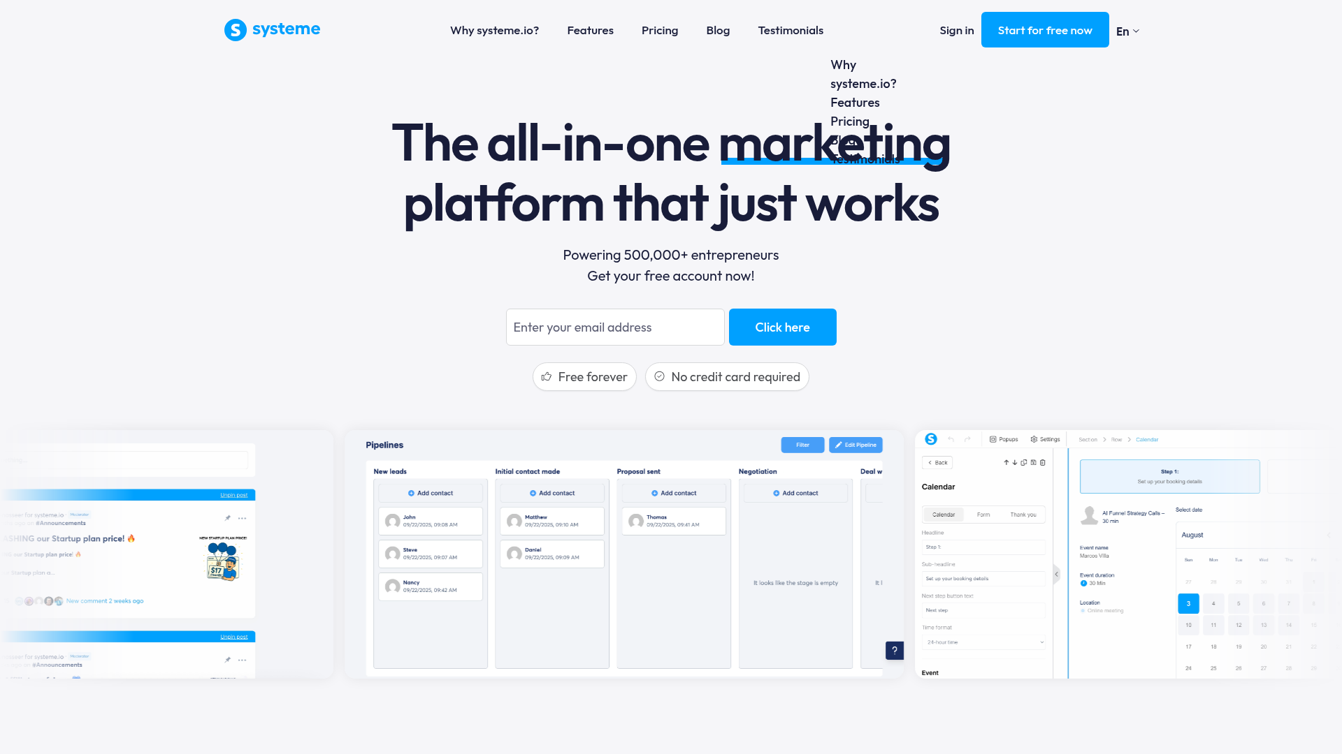 Systeme.io homepage screenshot