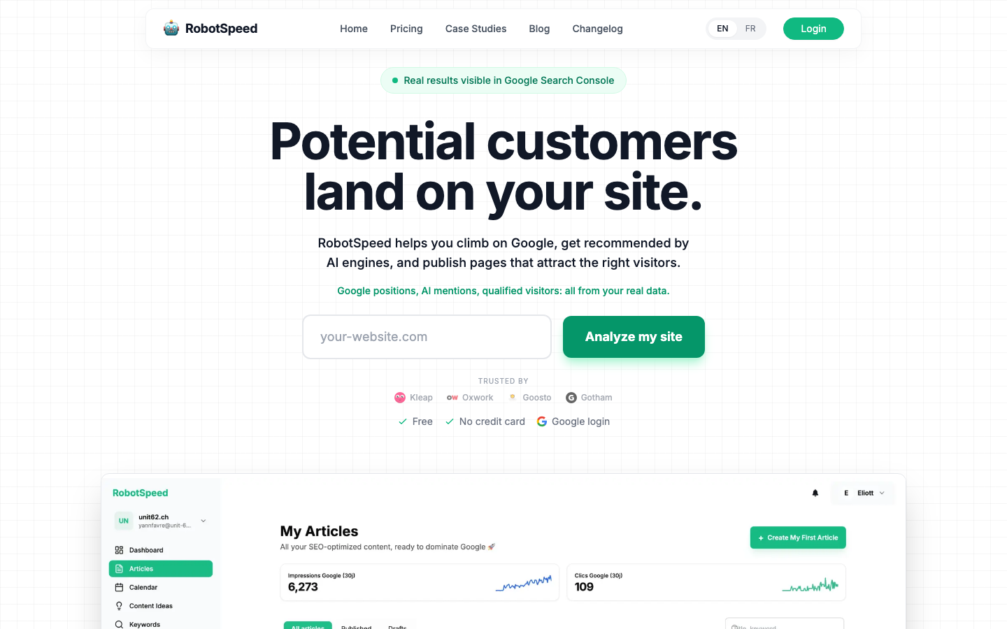 RobotSpeed homepage showing its automated SEO and content offer