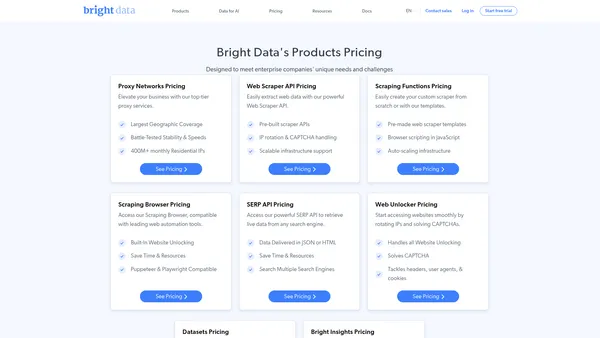 Bright Data pricing page