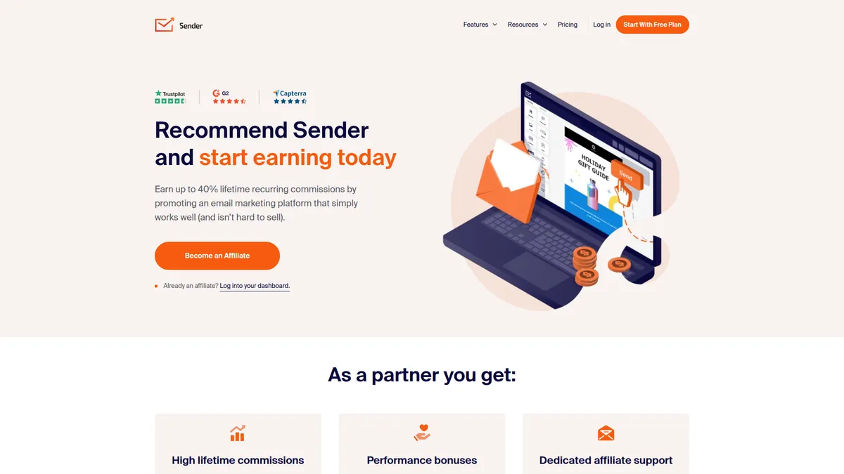 Sender affiliate program page screenshot