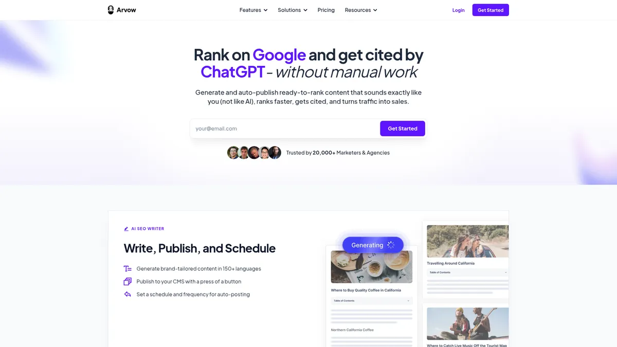 Arvow homepage screenshot