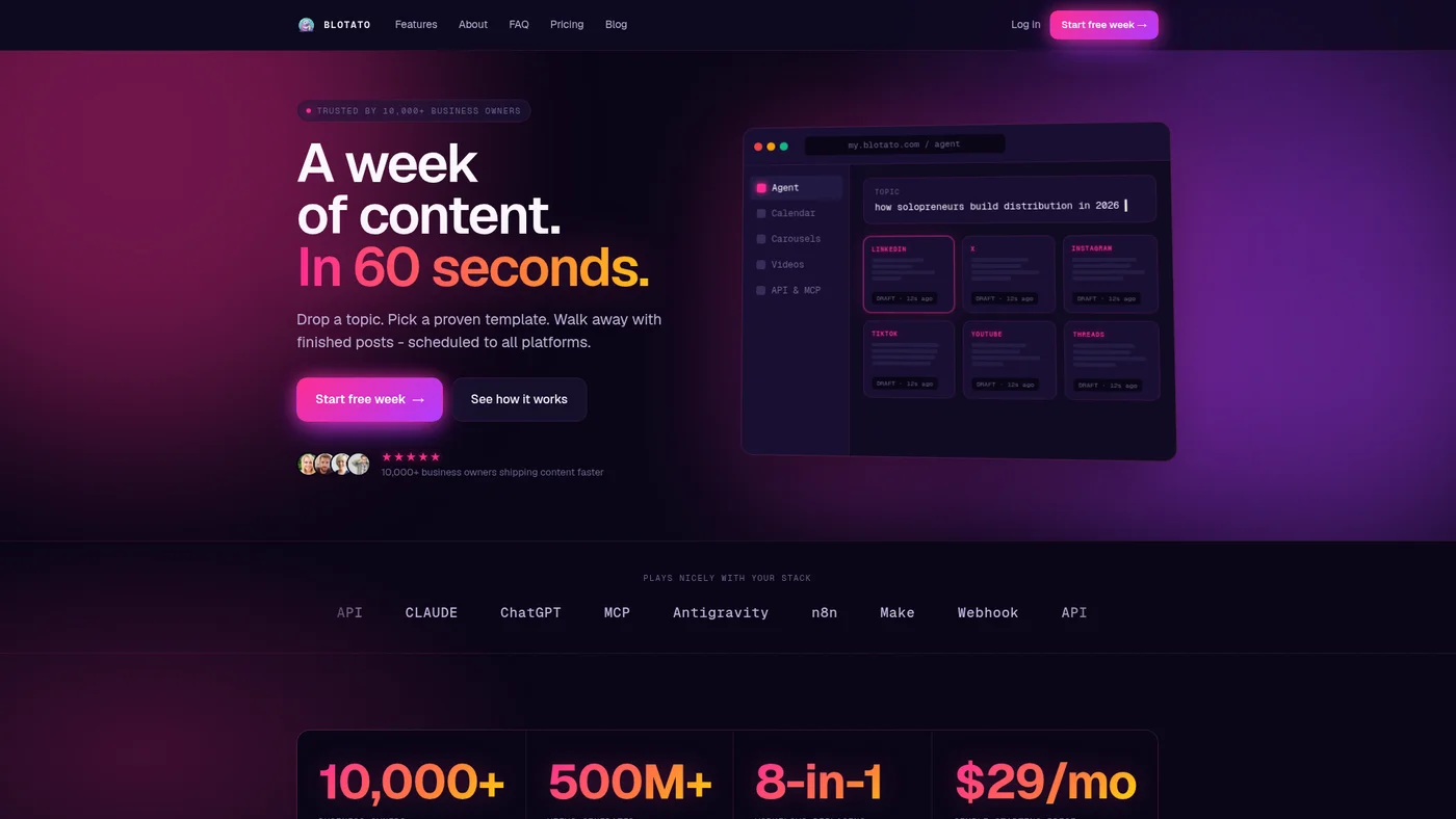 Blotato homepage screenshot