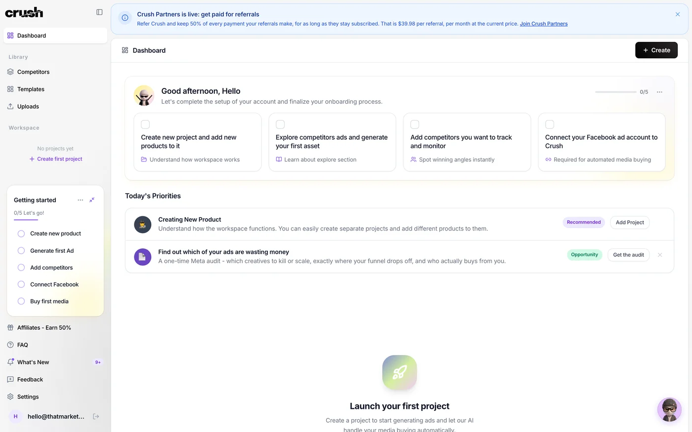 Crush dashboard on first login showing the five-step getting started checklist