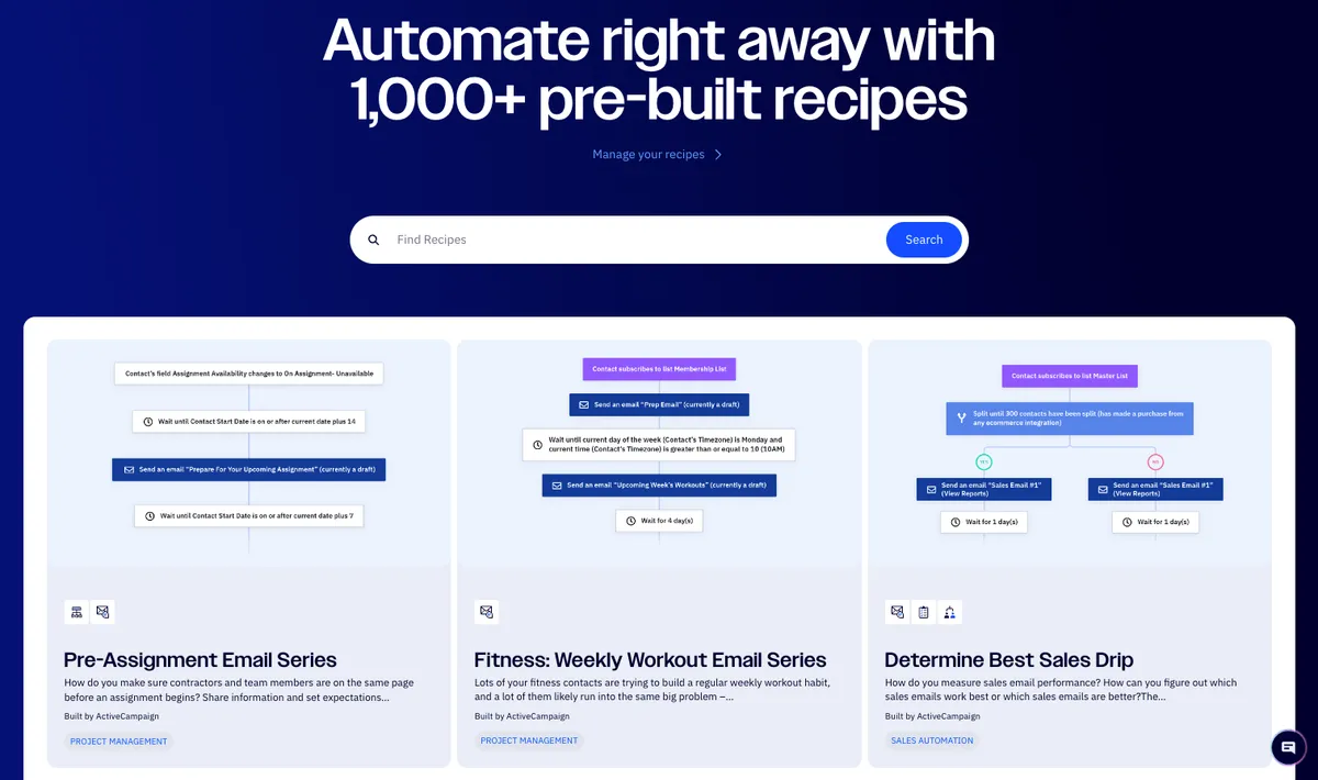 ActiveCampaign automation recipes landing page showing 1000+ pre-built templates with search functionality and featured recipes