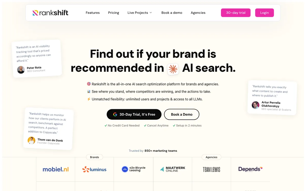 Rankshift AI search visibility platform homepage