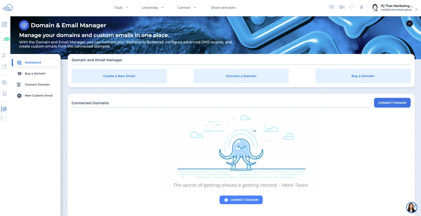 Builderall domain and email management interface