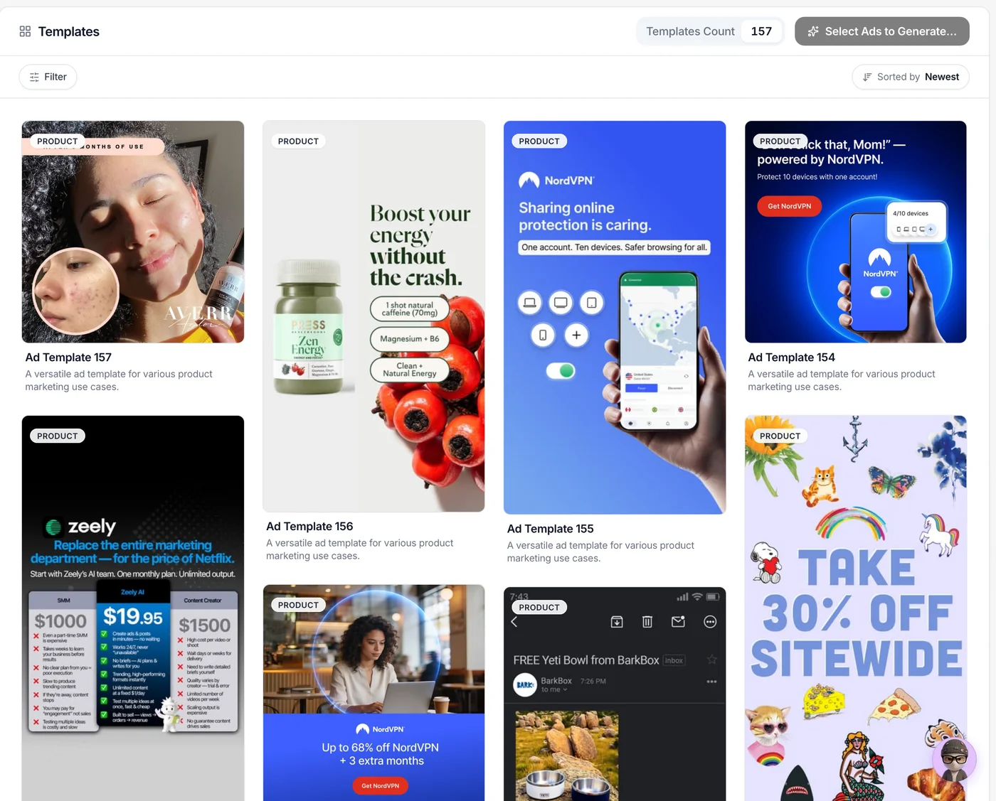 Crush Templates library showing 157 ad templates including NordVPN, BarkBox and Press Zen Energy ads