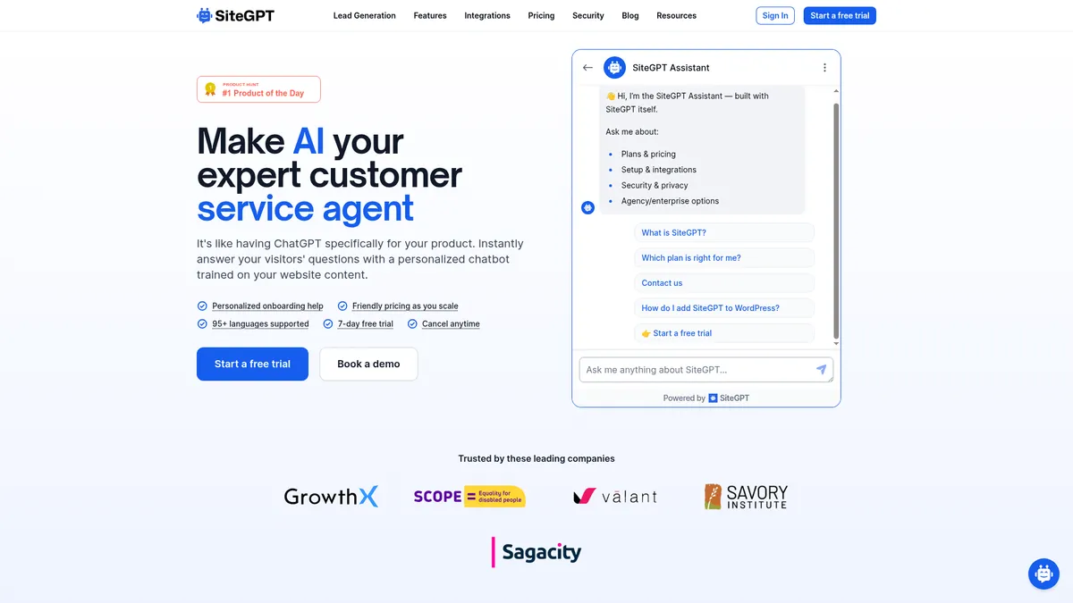 SiteGPT homepage screenshot