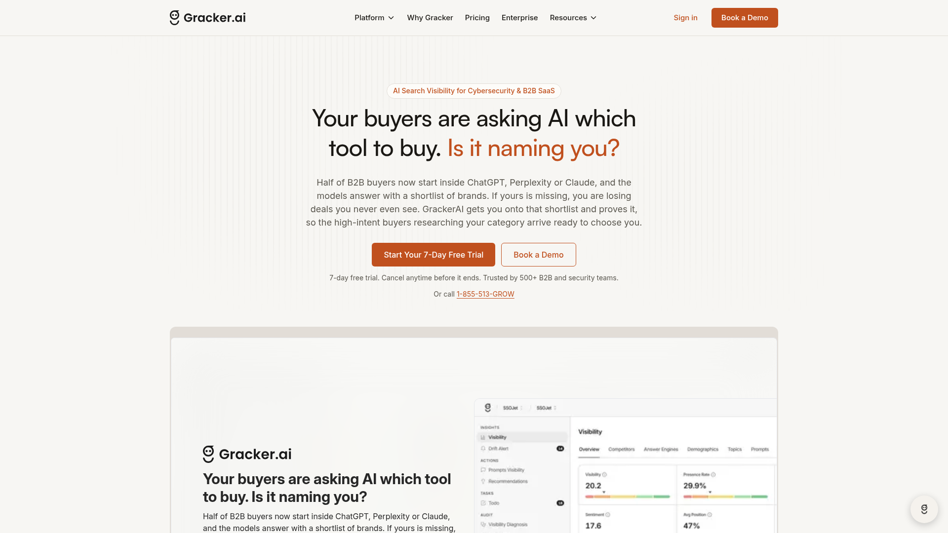 GrackerAI homepage for AI visibility and GEO for B2B SaaS