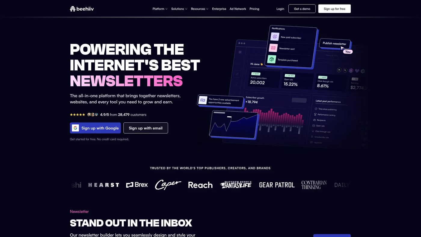 beehiiv homepage screenshot