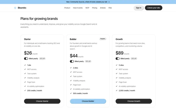 Bloomiro pricing page