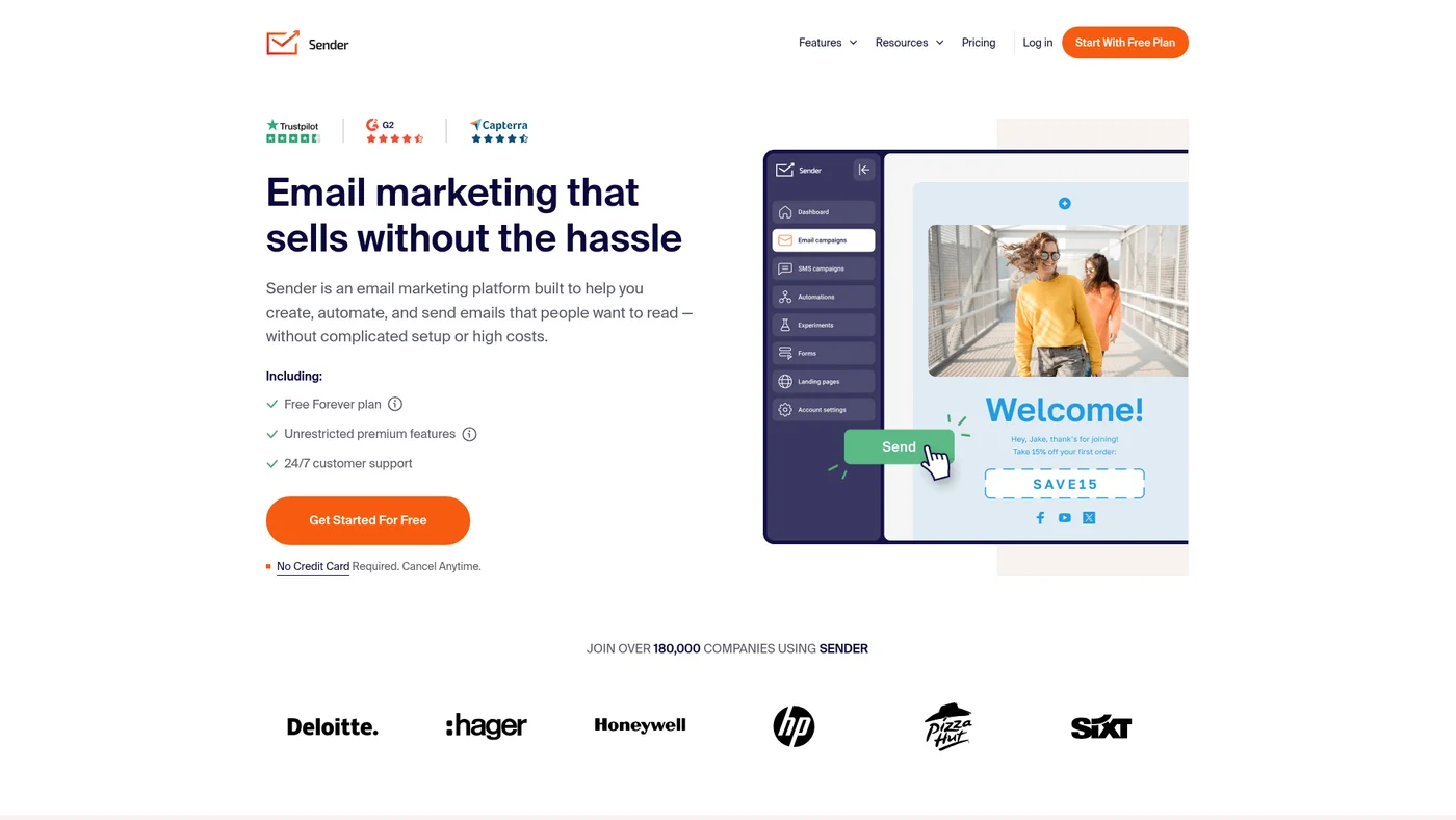 Sender homepage screenshot