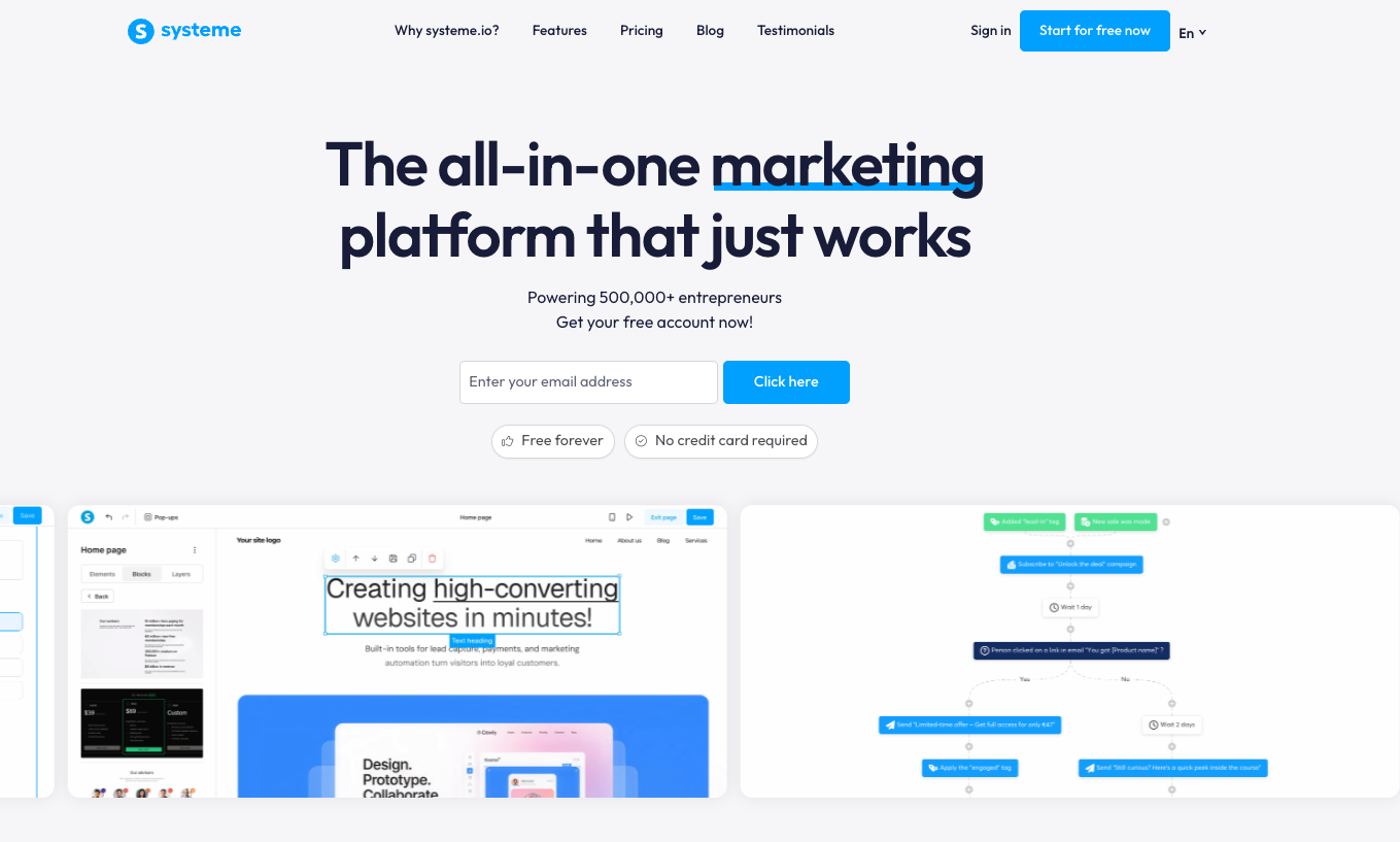 Systeme.io homepage screenshot
