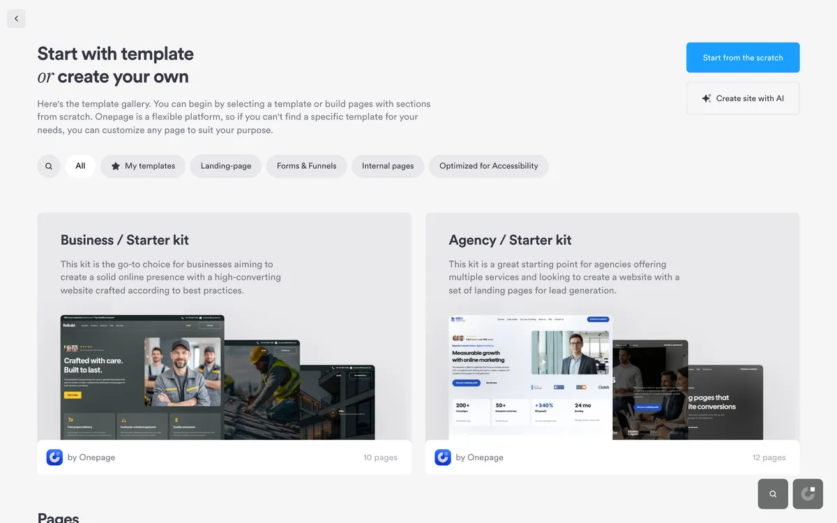 Onepage's English template gallery showing the Business and Agency starter kits with filters for All, My templates, Landing-page, Forms and Funnels, Internal pages and Optimized for Accessibility