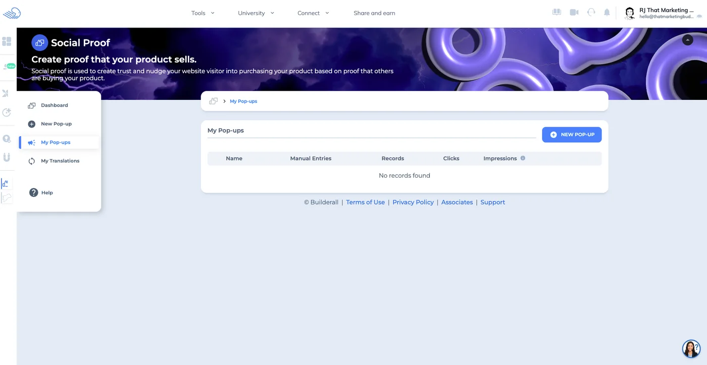 Builderall social proof pop-up management tool