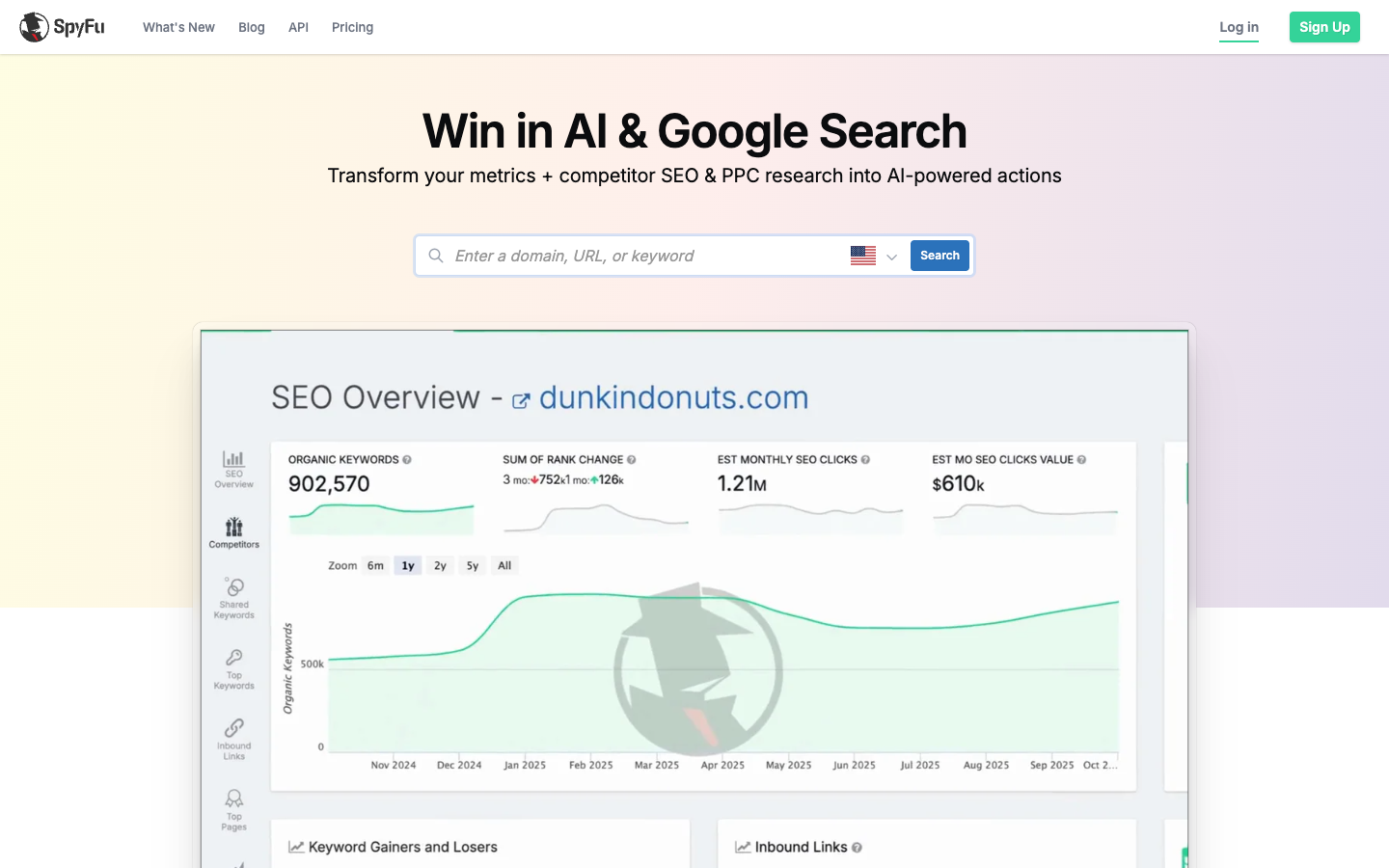 SpyFu homepage with a domain search box above an SEO overview chart of organic keywords and estimated clicks for a competitor