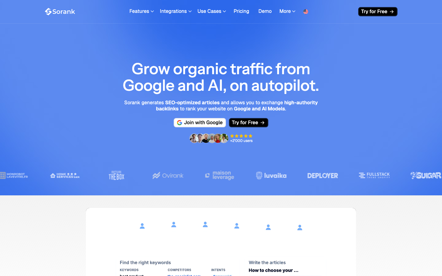Sorank homepage showing its automated SEO and content offer