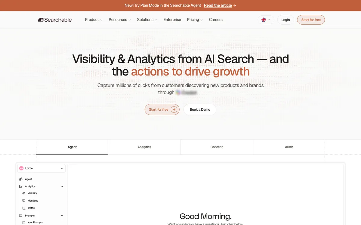 Searchable AI search visibility platform homepage