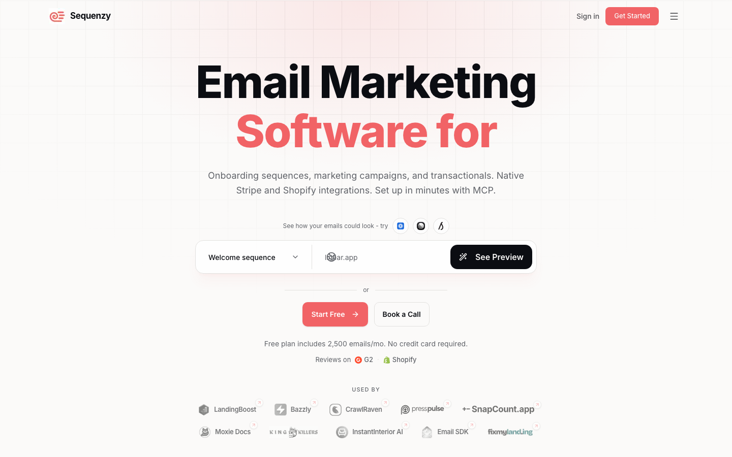 Screenshot of Sequenzy homepage