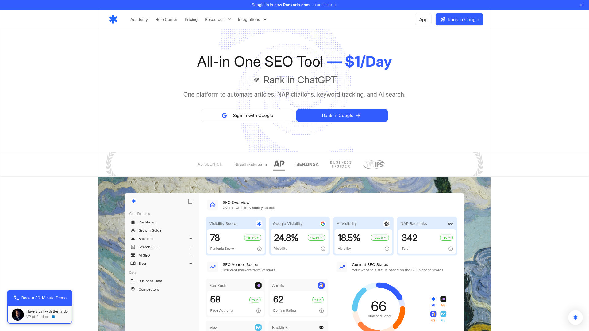 Rankaria homepage showing its automated SEO and content offer