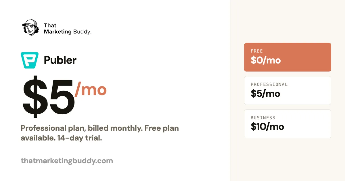 Publer Pricing: Free Plus $5 Pro and $10 Business Tiers