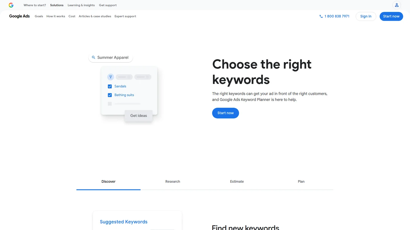 Google Keyword Planner homepage screenshot