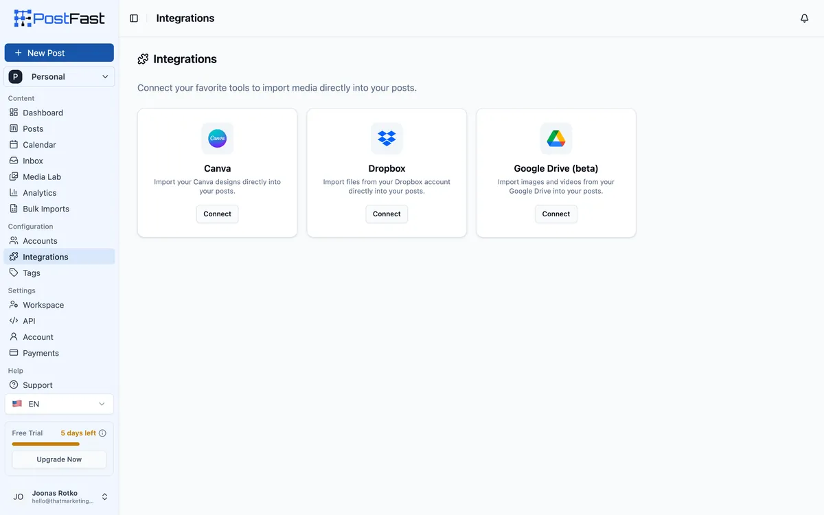 PostFast Integrations screen listing only Canva, Dropbox and Google Drive as available connections