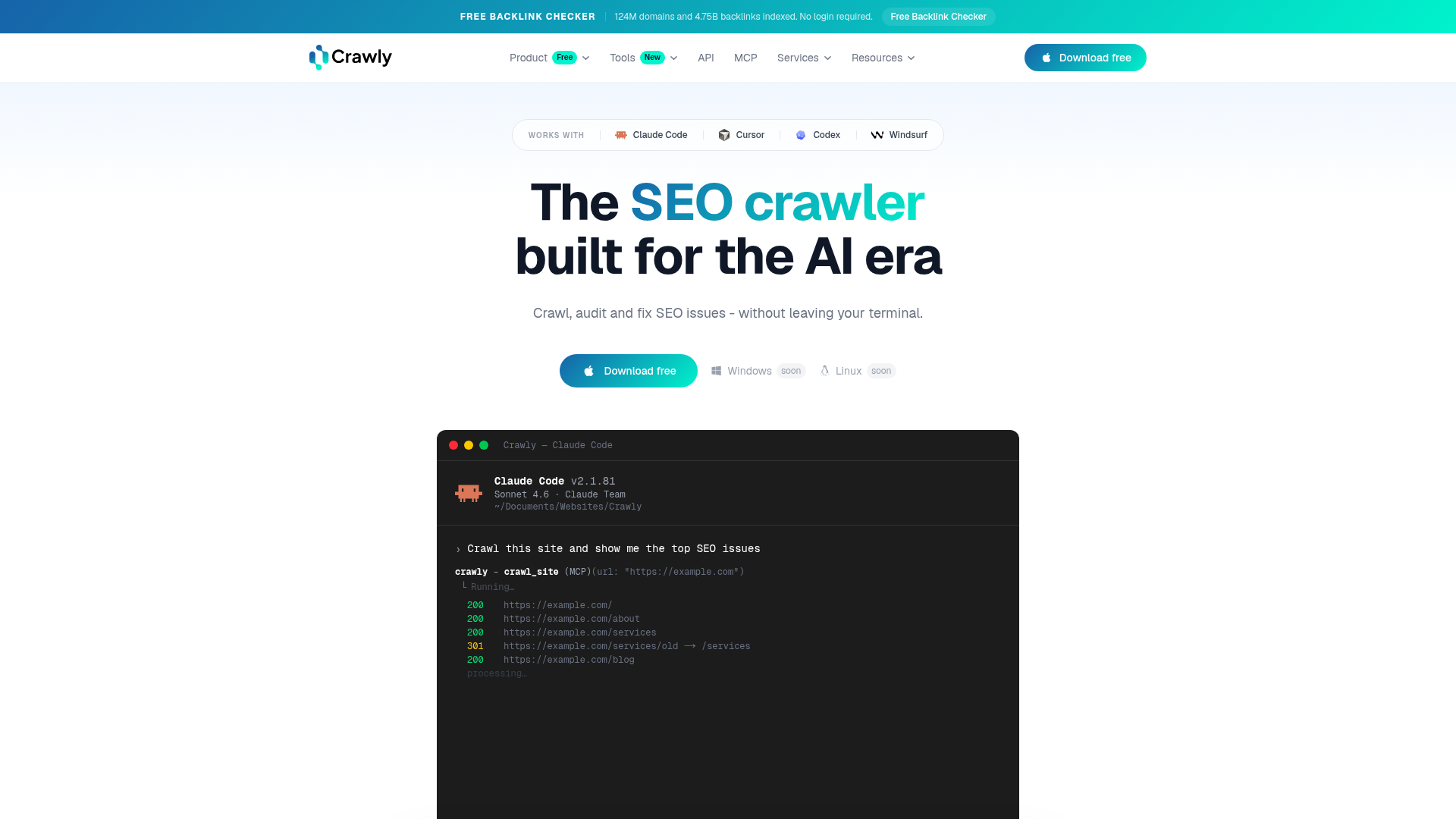 Crawly homepage headline The SEO crawler built for the AI era, above a Claude Code terminal running a Crawly crawl_site call over MCP