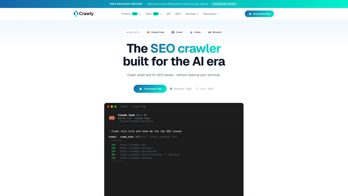 Crawly homepage screenshot
