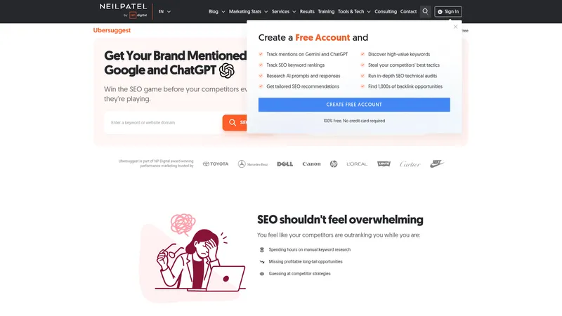 Ubersuggest (with Chrome extension) interface