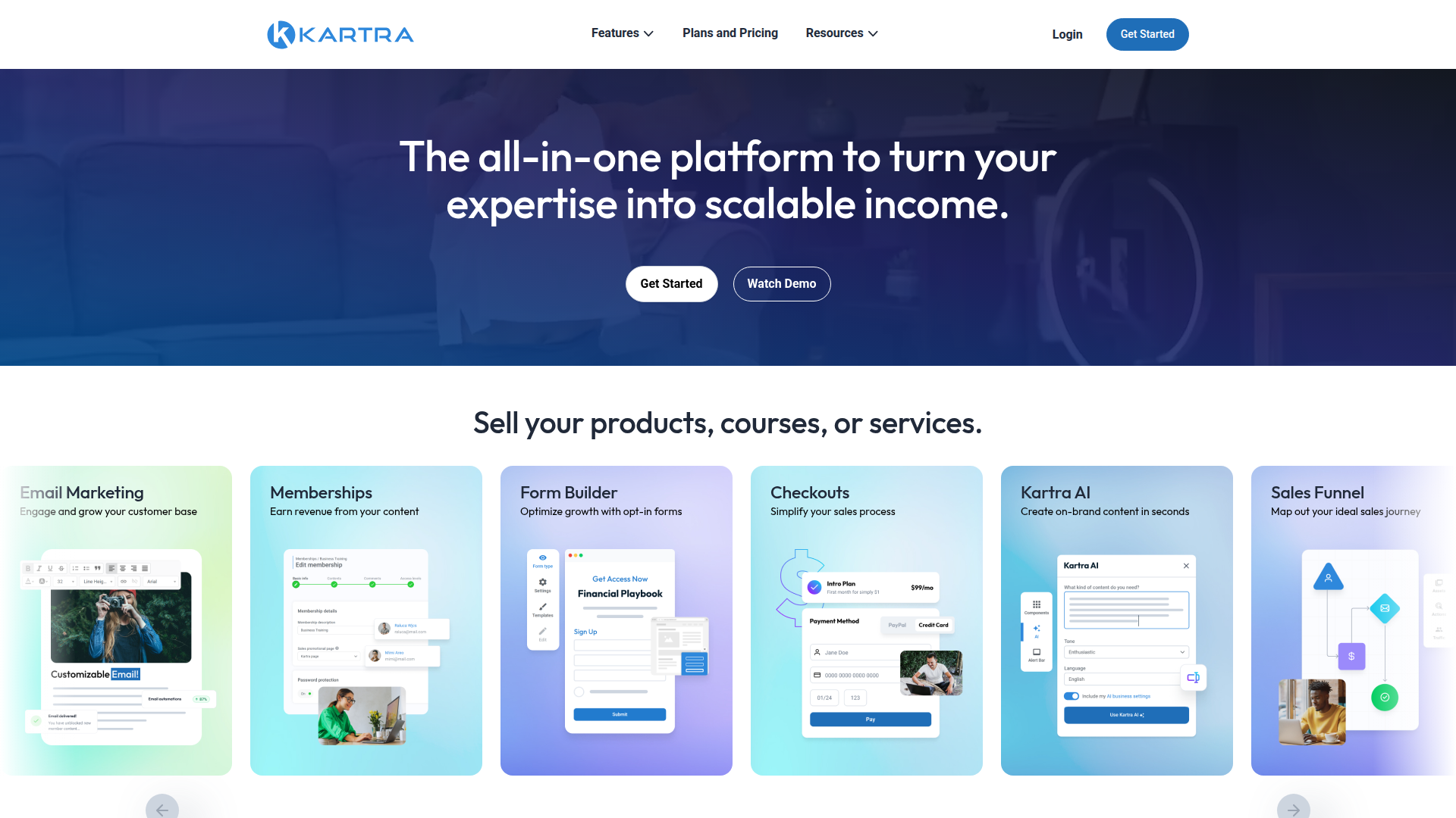 Kartra homepage screenshot