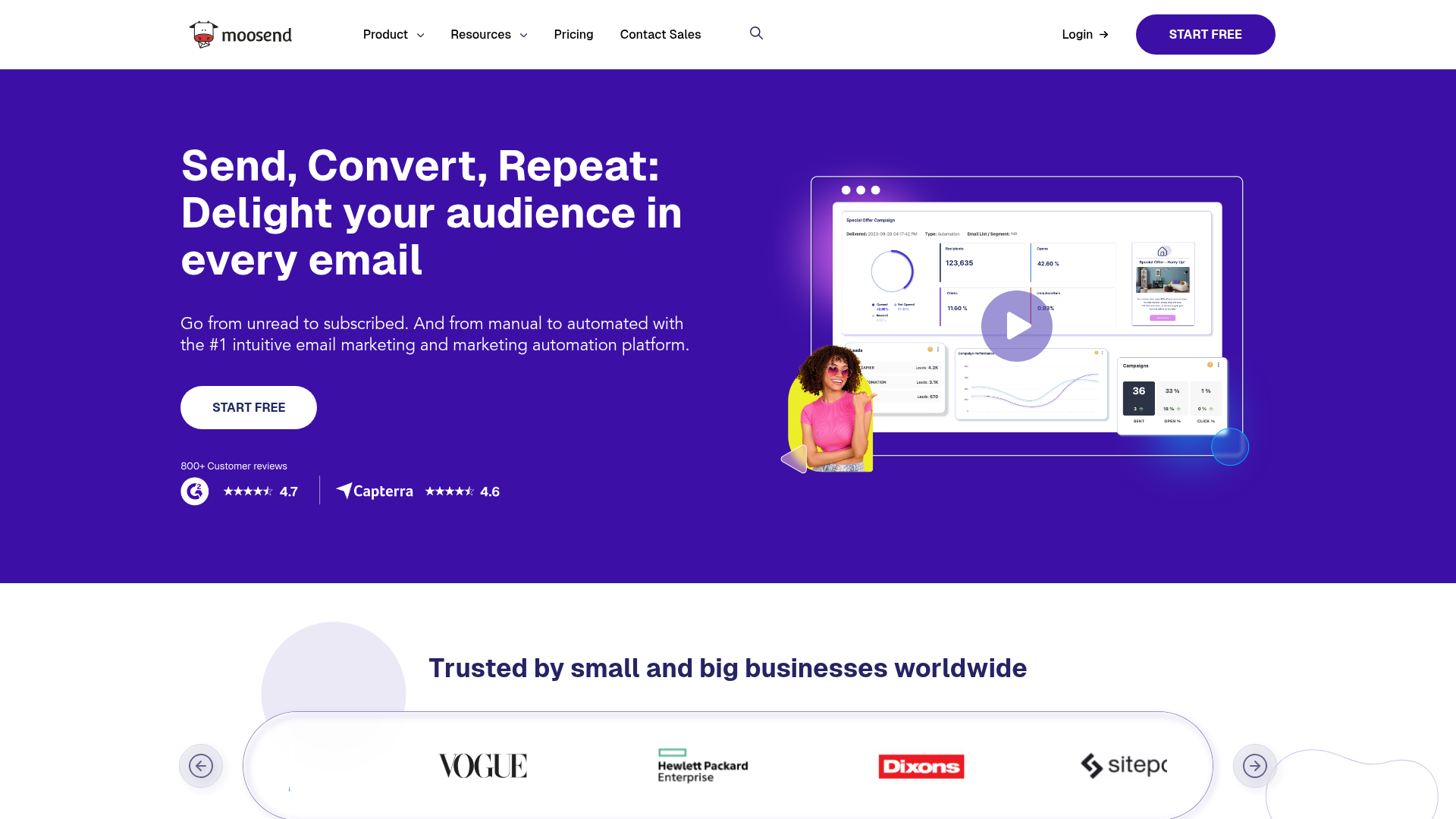 Screenshot of Moosend homepage