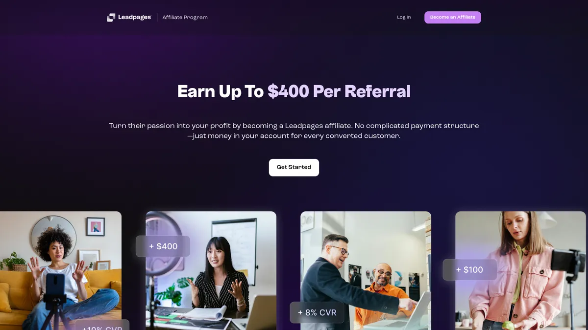 Leadpages affiliate program page screenshot