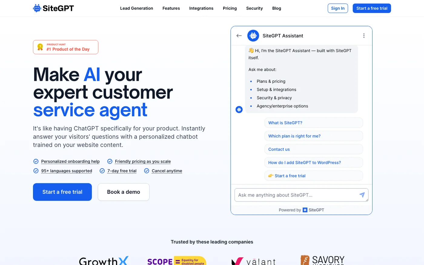 SiteGPT homepage screenshot