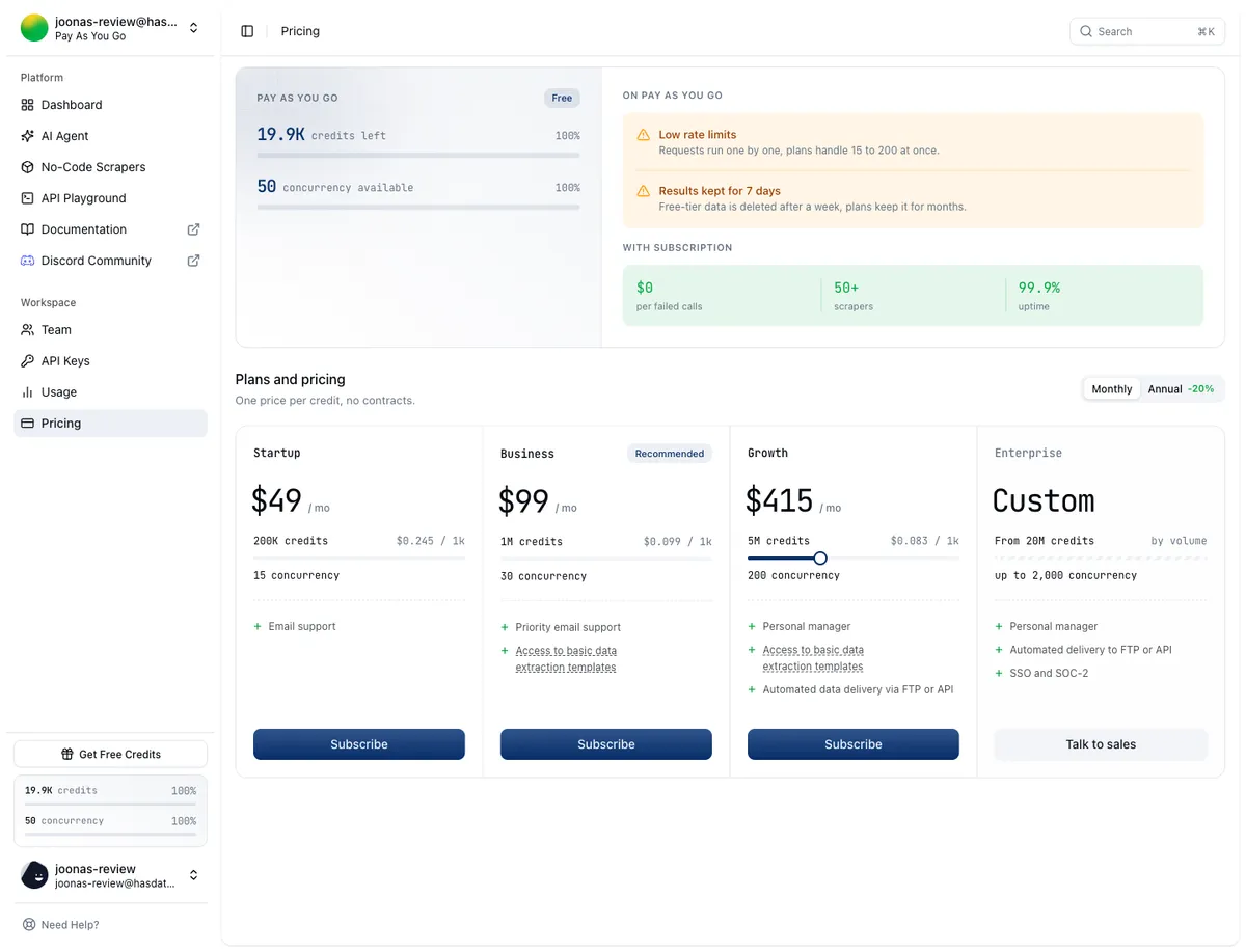 HasData in-app pricing page on monthly billing showing Startup at $49, Business at $99 and Growth at $415