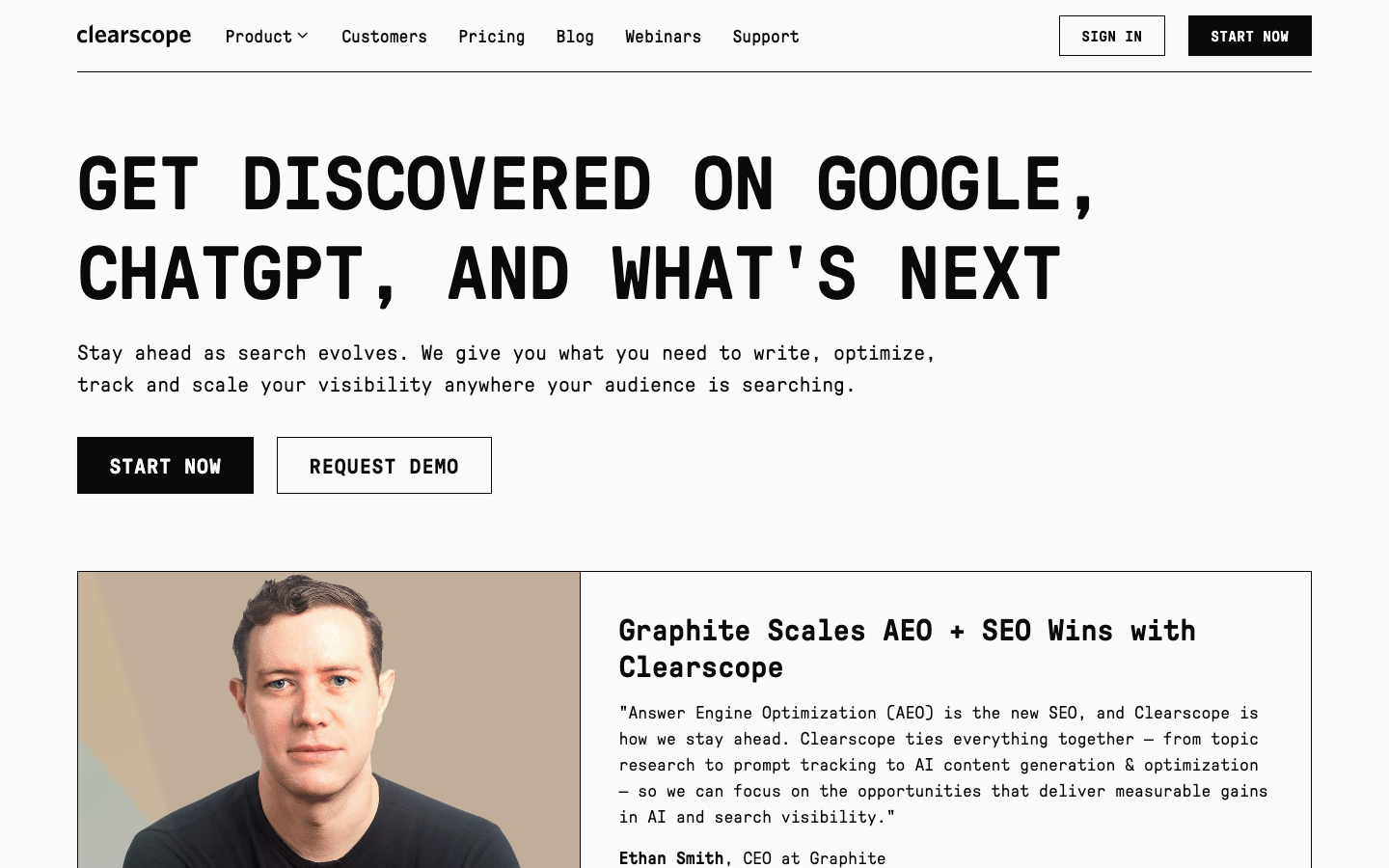 Clearscope homepage for content optimisation and AI visibility