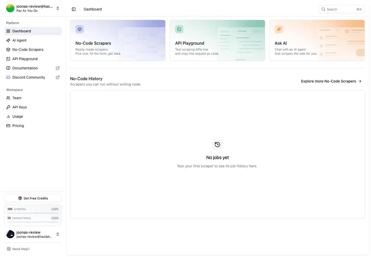 HasData dashboard home showing no-code scrapers, API playground and the Ask AI agent entry points