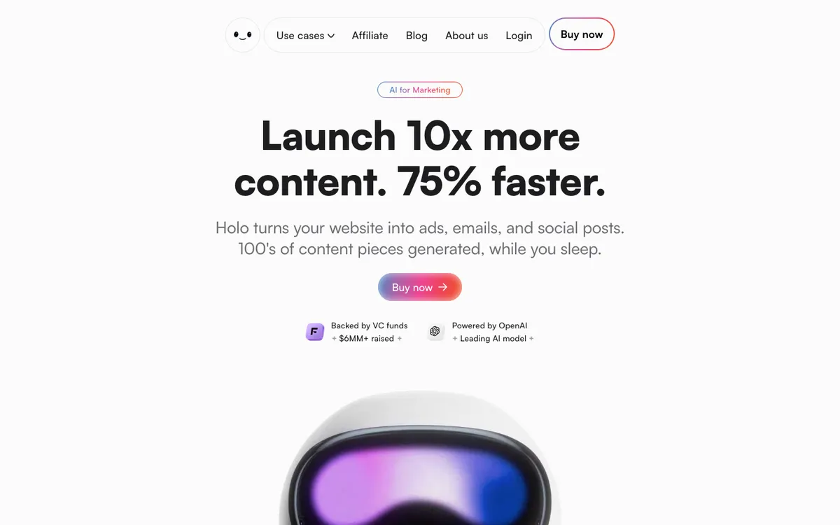 Holo AI marketing content generator homepage