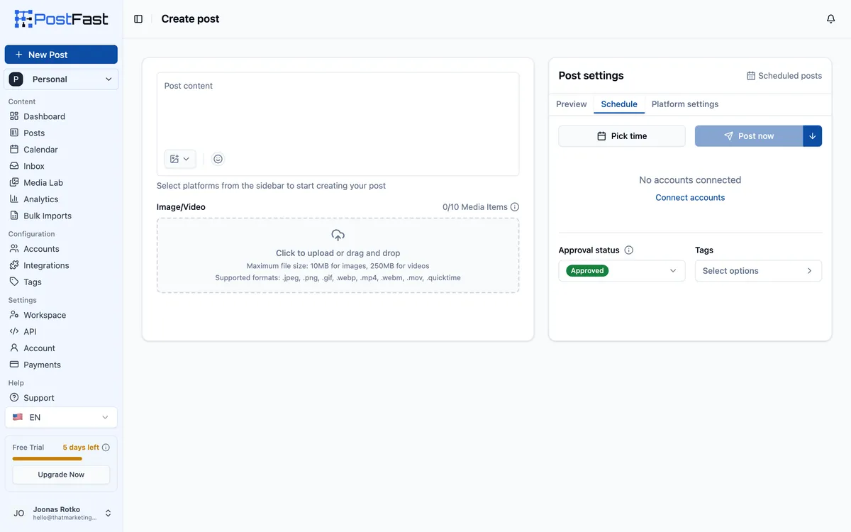 PostFast post composer with the schedule panel reporting no accounts connected
